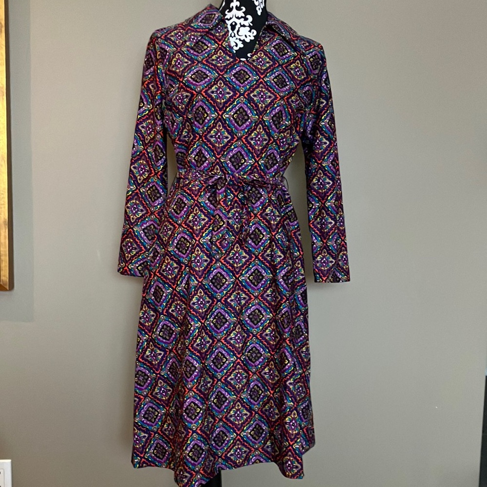 🦩Vintage purple navy yellow blue orange white teal patterned dress w/collar
